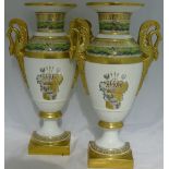 A pair of KPM Berlin porcelain twin handle vases Each decorated with heraldic motifs,