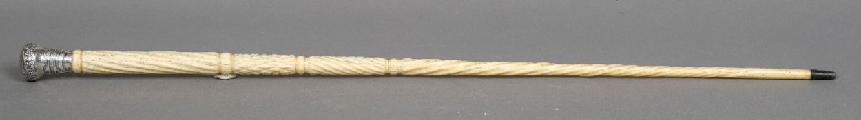 An early 20th century silver mounted whale bone walking cane, the handle hallmarked for London 1904,