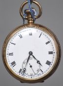 A George V 9 ct gold cased gentleman's keyless wind open face pocket watch The 4.