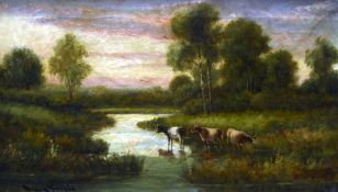 HENRY COOPER (flourished 1910-1925) British Cattle Watering in River Landscapes Oils on