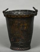 A Georgian copper bound painted leather fire bucket The front painted with a galleon. 30 cm high.