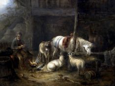 Attributed to GEORGE MORLAND (1763-1804) British Stable Interior With Horse, Donkey,