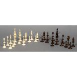 A 19th century white and brown stained bone chess set The King's each 10.5 cm high.