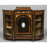 A Victorian jasper porcelain and gilt metal mounted amboyna inlaid ebonised credenza The three