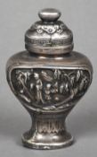 A Chinese white metal overlaid snuff bottle and stopper Of urn form,