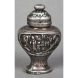 A Chinese white metal overlaid snuff bottle and stopper Of urn form,