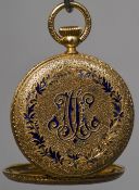 An 18 ct gold and enamel cased lady's keyless wind full hunter pocket watch The 3 cm white