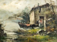 CONTINENTAL SCHOOL (early 20th century) Figure Before a Lakeside Cottage Oil on canvas Indistinctly