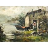 CONTINENTAL SCHOOL (early 20th century) Figure Before a Lakeside Cottage Oil on canvas Indistinctly