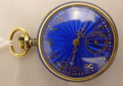 A small 14 ct gold guilloche enamel decorated and diamond set fob watch The blue enamel dial with