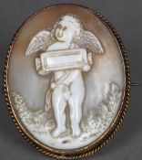 A 9 ct gold framed cameo brooch Carved with a cherub. 5 cm high.