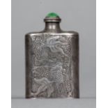 A Chinese silver snuff bottle Decorated with fish and lilies, with a jade cabochon mounted stopper,