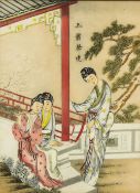 A Chinese watercolour on silk Depicting a female flute player and two onlookers,