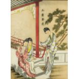 A Chinese watercolour on silk Depicting a female flute player and two onlookers,