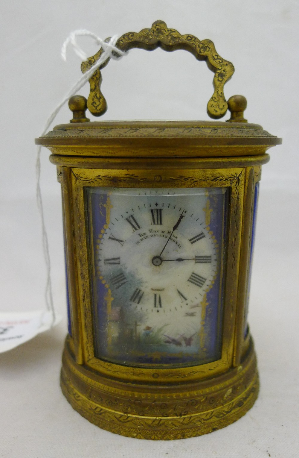 A late 19th century miniature oval gilt brass carriage clock Decorated with Sevres style painted - Image 2 of 9