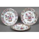 Three 18th century Chinese famille rose plates Each typically decorated with floral sprays.