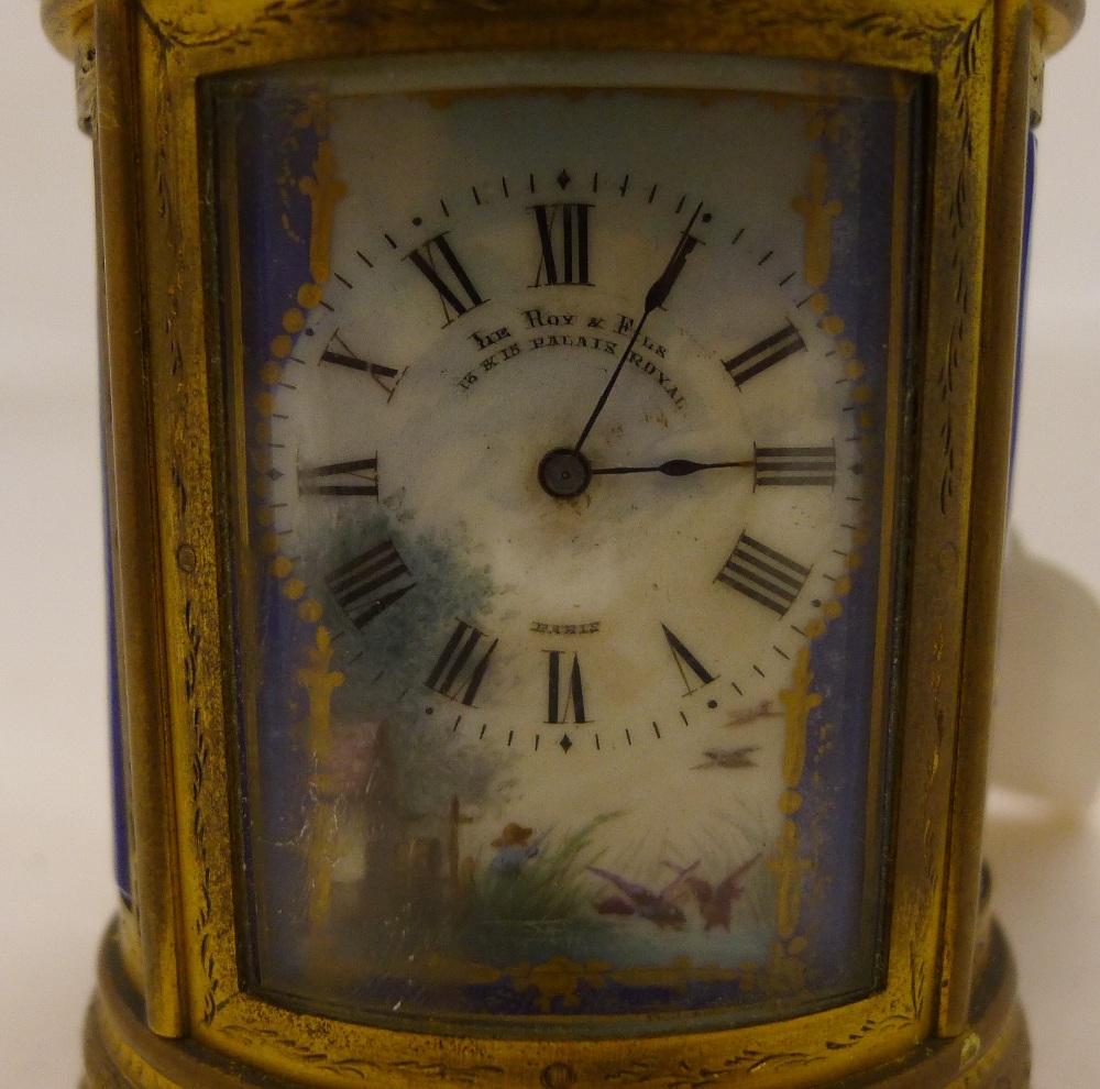 A late 19th century miniature oval gilt brass carriage clock Decorated with Sevres style painted - Image 6 of 9