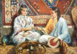 ORIENTALIST SCHOOL (20th century) Two Women Taking Tea Oil on canvas Signed with initials 68.