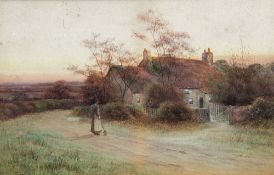 GEORGE OYSTON (1861-1937) British Figures Before a Thatched Cottage in a Rural