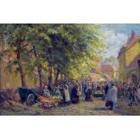 FRANK DIXON (1862-1936) British Vegetable Market, Bruges or Bruges Market Day Oil on panel Signed,