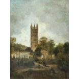 ENGLISH SCHOOL (19th century) Figures Before a Church in a Rural Landscape Oil on canvas 42.5 x 56.