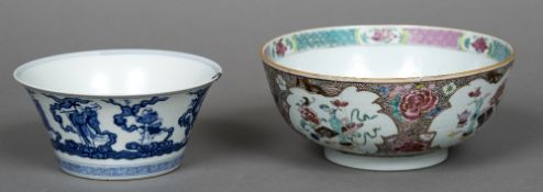 A Chinese blue and white porcelain bowl together with another The former decorated with various