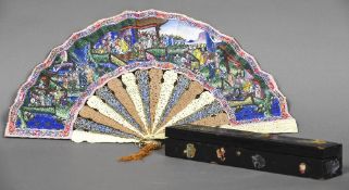 A 19th century Cantonese carved ivory and painted fan With carved ivory,