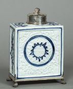 A silver mounted Chinese blue and white porcelain tea caddy The removable lid with lion mask finial,