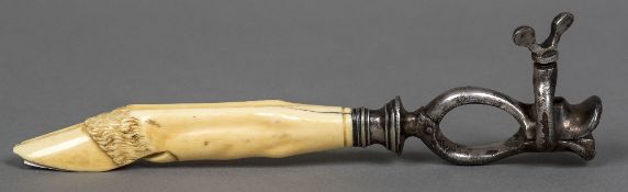 An ivory mounted silver plated venison bone holder The handle carved as a hoof. 22 cm long.