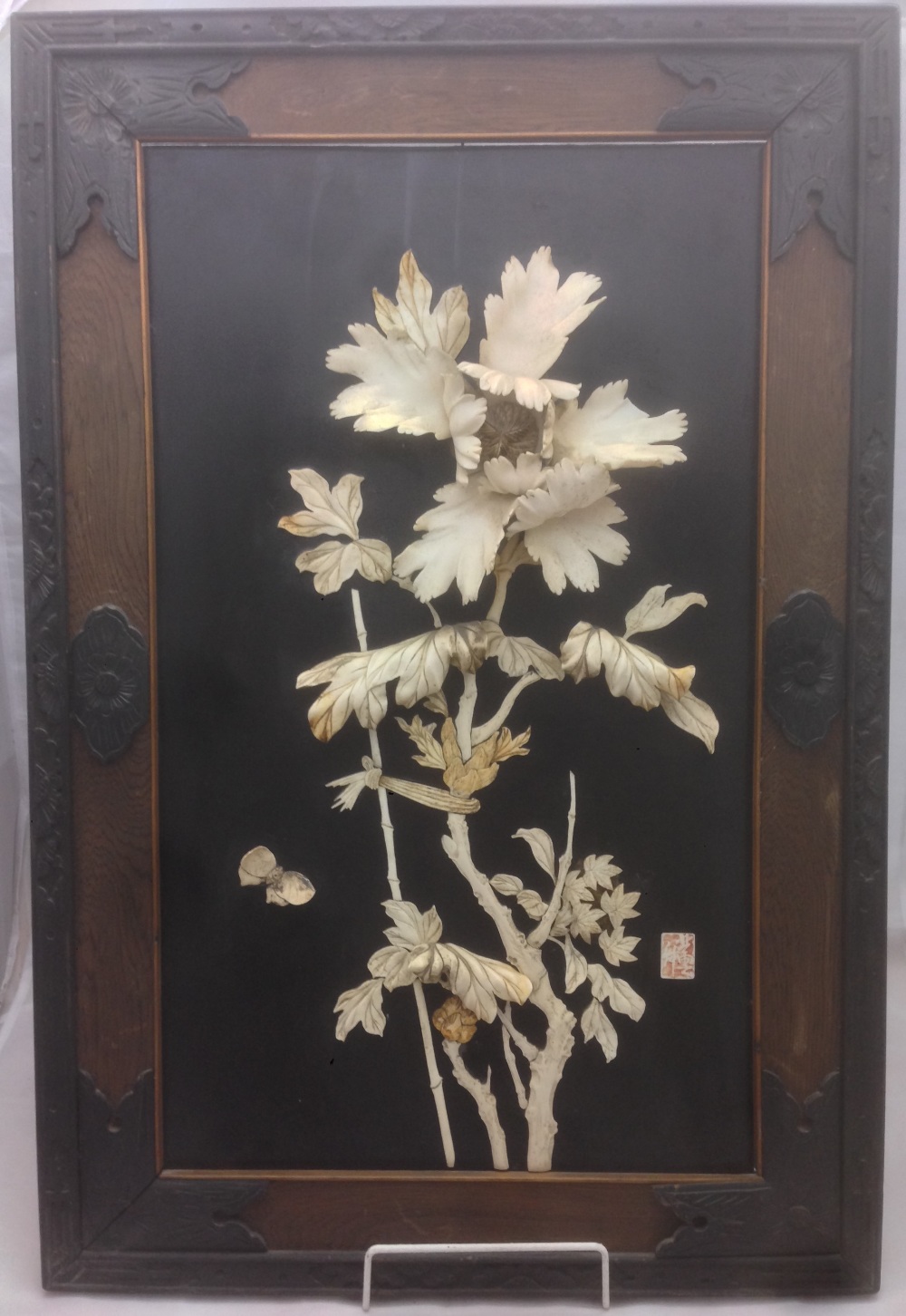 A pair of 19th century Japanese ivory and bone inlaid panels Each worked with insects and floral - Image 2 of 2