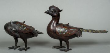 A pair of cloisonne decorated censors Each formed as an Asiatic pheasant, each modelled standing,