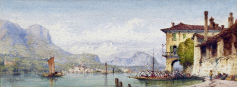 GABRIEL CARELLLI (1820-1880) Anglo-Italian Italian Lake Scene Watercolour Signed 32 x 12 cm,