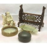 Five Chinese collectors' items Comprising: a carved hardstone figure,