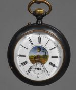 A 19th century French gun metal cased pocket watch One side with calendar movement,