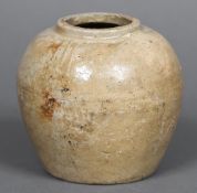 An antique Chinese Provincial pottery jar Of plain glazed ovoid form,