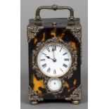 A silver mounted tortoiseshell carriage alarm clock, hallmarked London 1892,