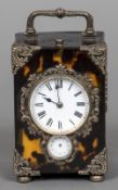 A silver mounted tortoiseshell carriage alarm clock, hallmarked London 1892,