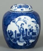 A Chinese blue and white ginger jar and cover The removable lid decorated with courtly figures,