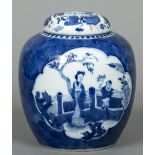 A Chinese blue and white ginger jar and cover The removable lid decorated with courtly figures,