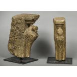 Two antique Indian carved stone corbels Worked as birds, mounted. The larger 30 cm high overall.