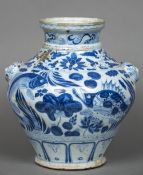 A Chinese Ming blue and white porcelain twin handled vase Of baluster form,