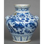 A Chinese Ming blue and white porcelain twin handled vase Of baluster form,