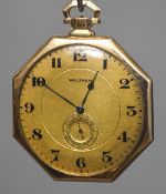 An American Art Deco 14 ct gold cased gentleman's keyless wind open face pocket watch The 3.