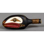 A carved wooden tribal rattle, possibly Haida Indian people Formed as a serpent's head. 16.