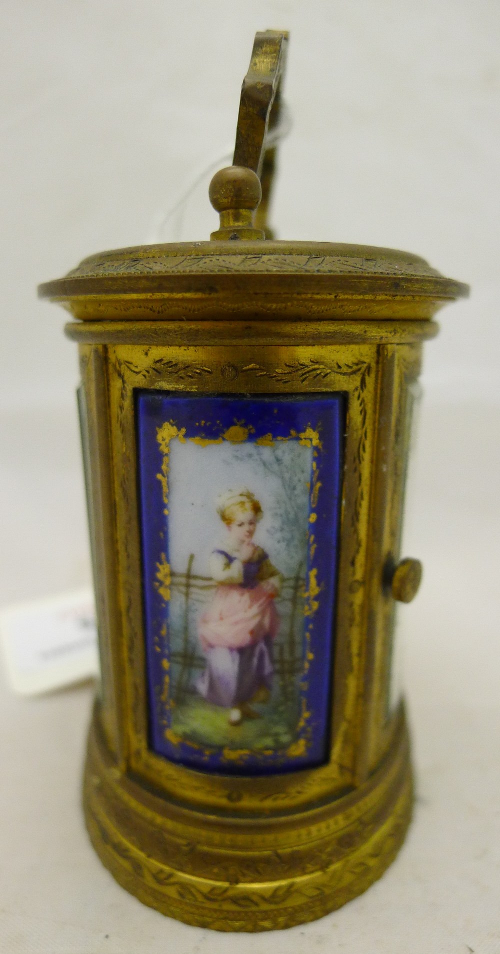 A late 19th century miniature oval gilt brass carriage clock Decorated with Sevres style painted - Image 3 of 9