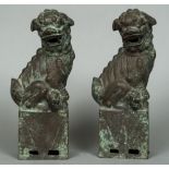 Two Chinese patinated bronze dogs-of-fo Each typically modelled seated. Each 35 cm high.