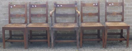 A set of 19th century five elm rush seated chairs