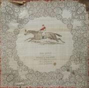 A 19th century printed silk panel Worked with Sir Hugo, Winner of the Derby 1892,