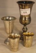 Two Russian silver vodka tots and two small goblets