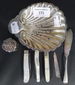 A silver butter dish, silver butter knife, silver bladed fruit knife and two others,